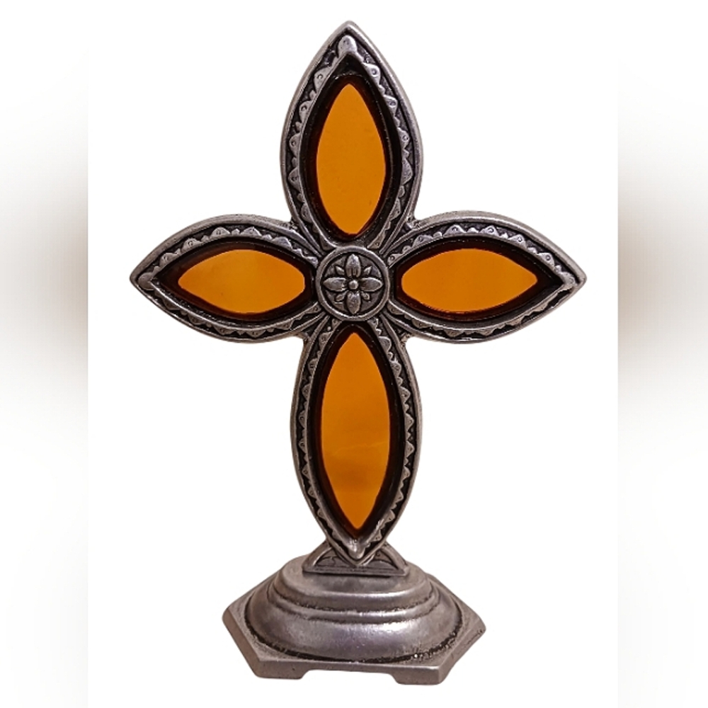 SILVER & AMBER STAINED GLASS STANDING CROSS 6 × 9 INCHES